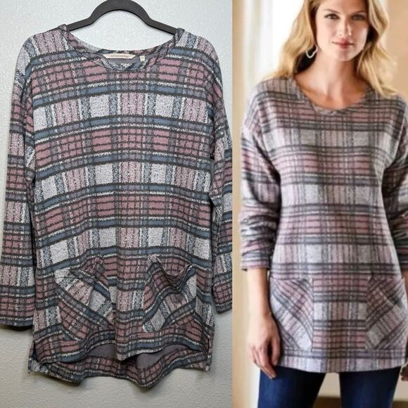 Soft Surroundings Medium Justine Tunic Top Pink Blue Plaid Textured Flannel - Picture 1 of 6